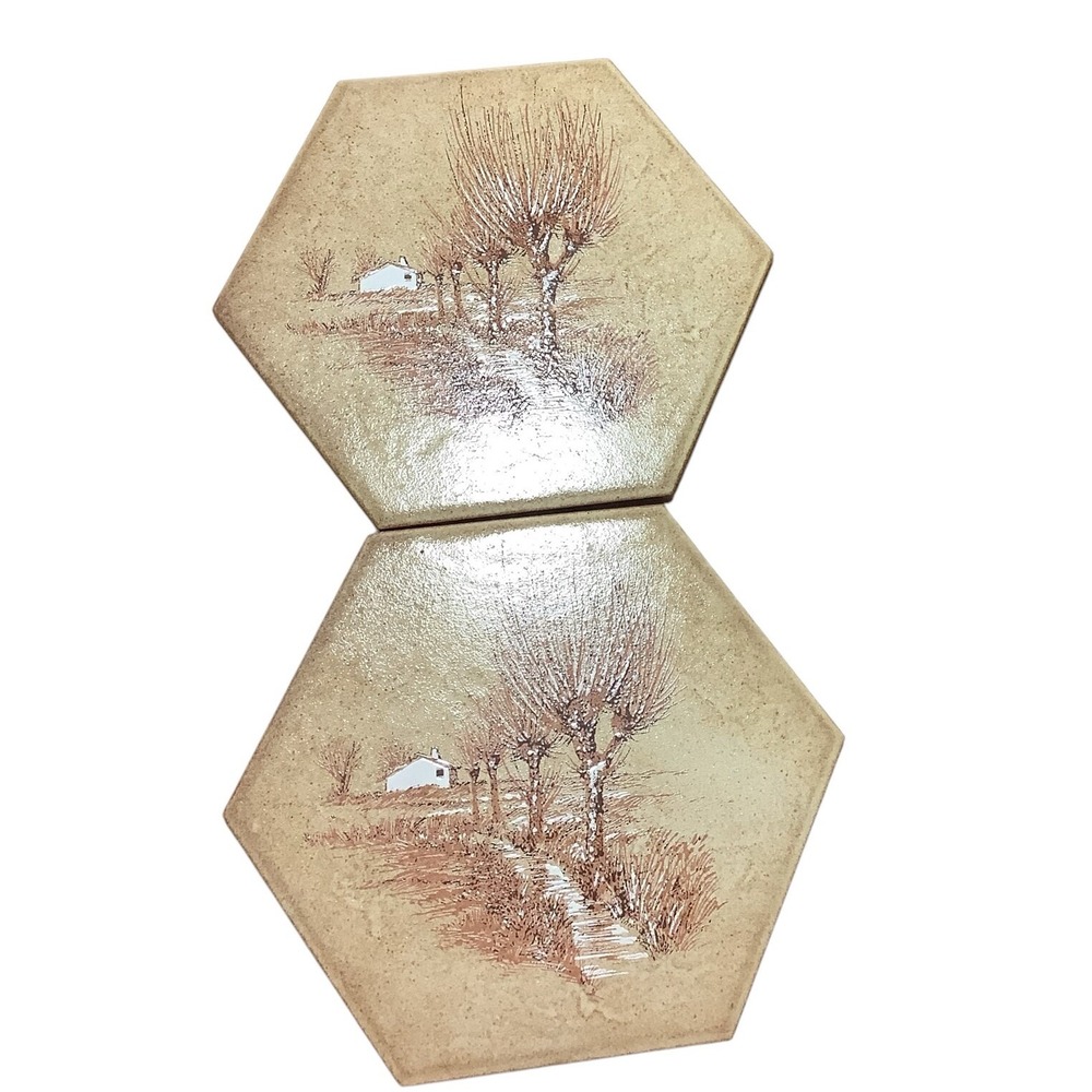 Lot Of 2 Sichenia Ceramic Decorative Tile Trivet Octagon Winter Scene